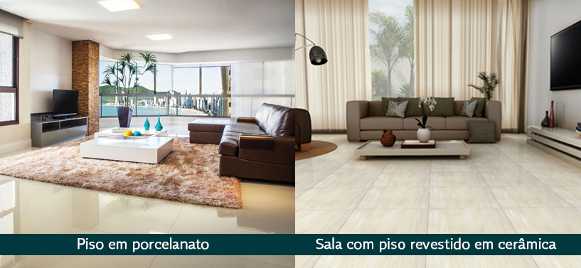 As imagens mostram a diferença entre uma sala com piso em porcelanato e piso revertido em cerâmica.